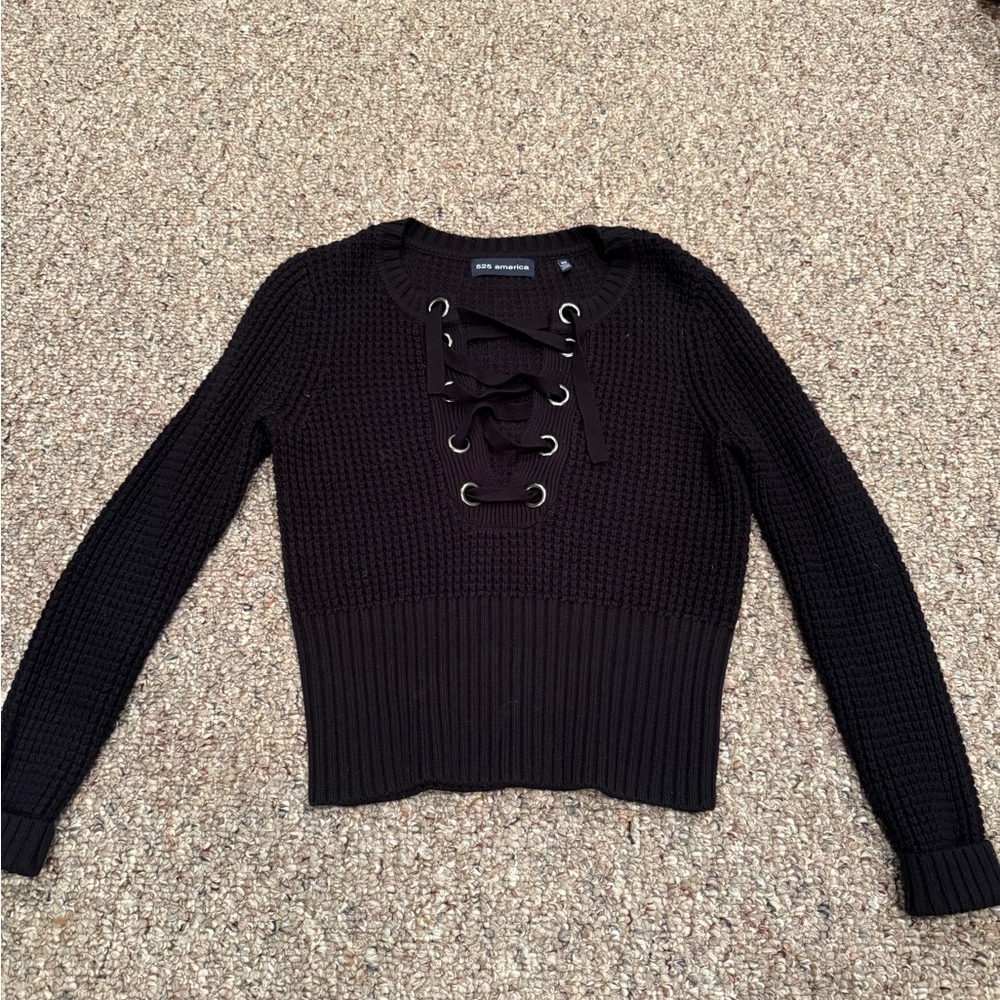 525 American Black Lace-Up Knit Sweater